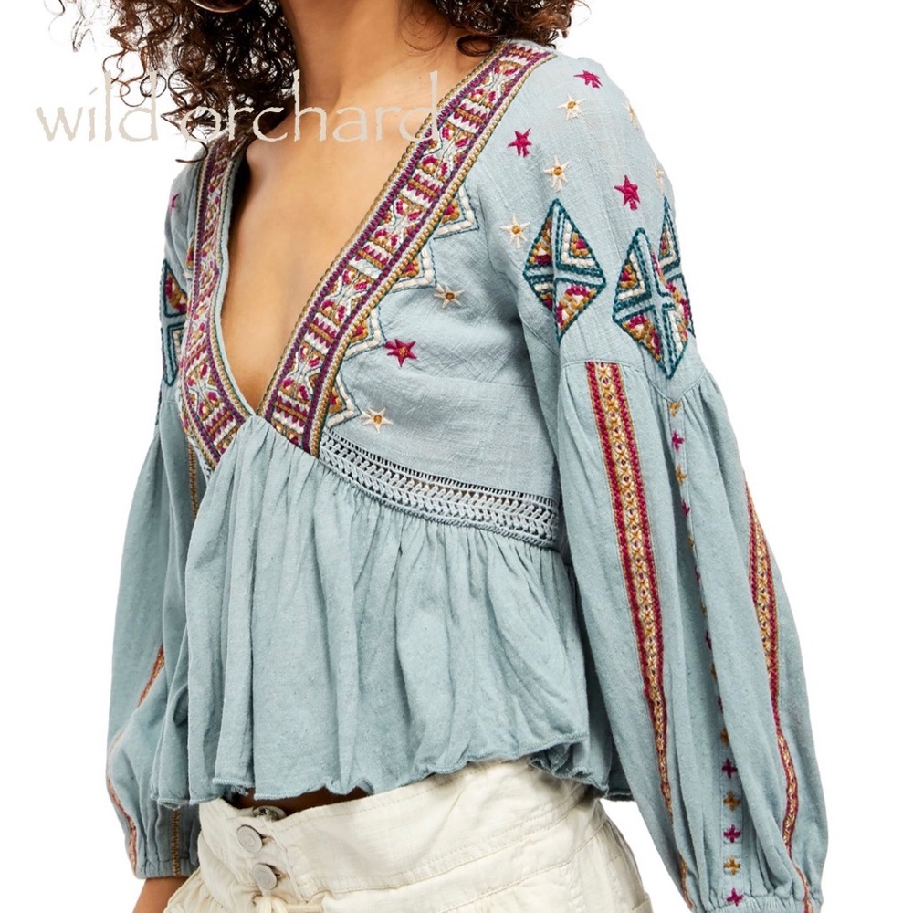 Free People Aria Boho Embroidered Crochet Top